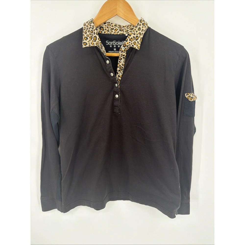 San Soleil Cotton UPF Black Sz M Polo Leopard Accents Tennis Golf Pickleball